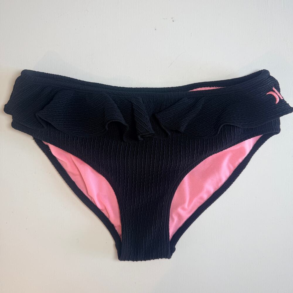 Hurley Girls Bikini Bottom Black Ruffle Size XL 14/16 Big Kids Swim Pink Lined